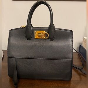 SOLD Salvatore Ferragamo Studio Calfskin Top Handle Satchel/ Shoulder Black Bag